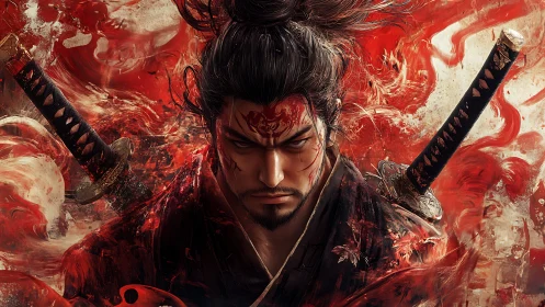 Bloodstained samurai warrior amid swirling crimson fury.