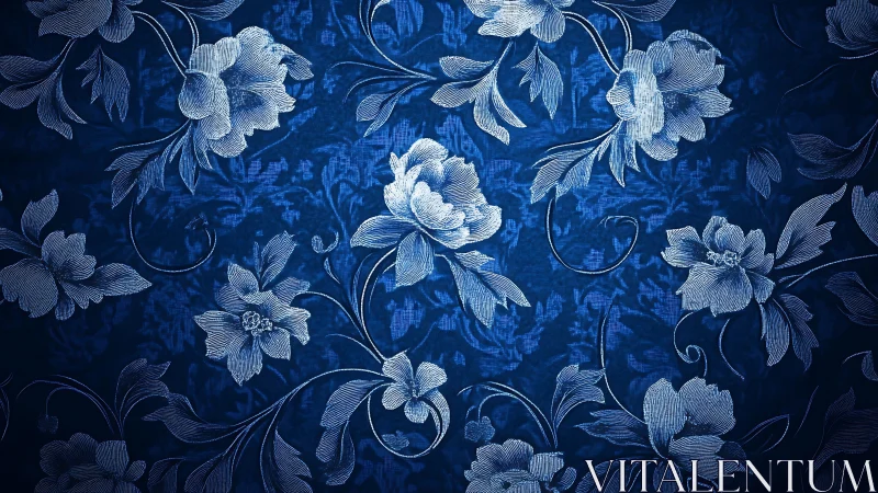 Monochromatic Floral Embroidery on Deep Blue Textile.