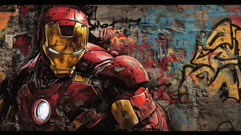 Armored superhero rendered against distressed graffiti wall