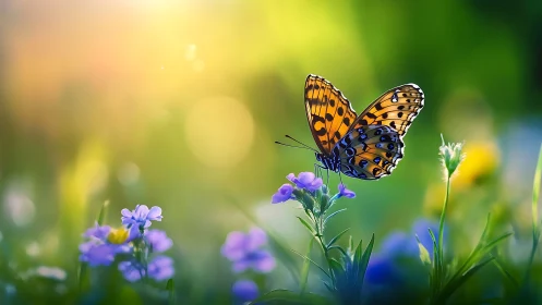 Macro butterfly on wildflowers in luminous bokeh field.