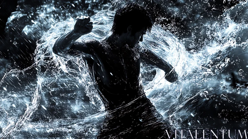 Dynamic water-sculpted fighter in high-impact digital painting.