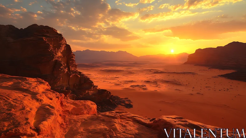 Sunset light over rocky desert cliffs and sand plain.