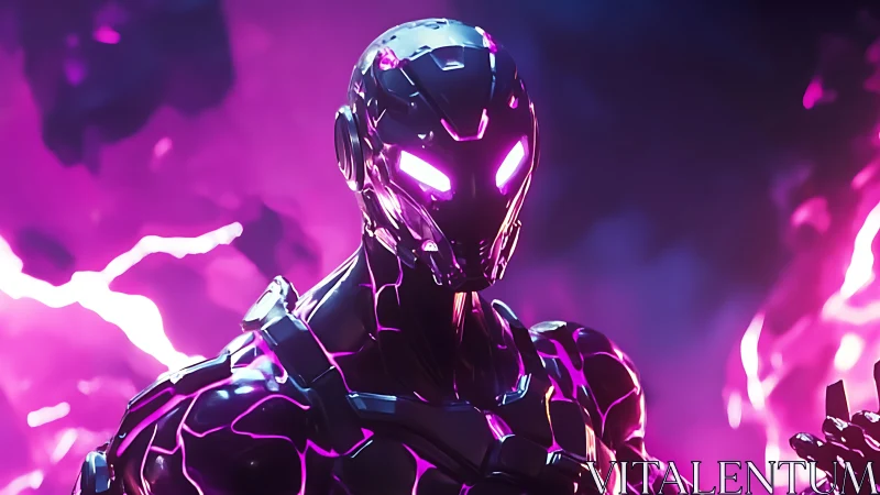 Cybernetic humanoid robot glows with intense neon purple energy