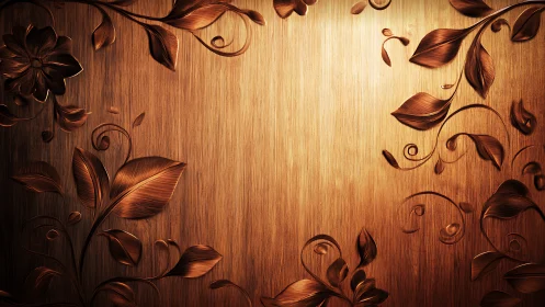 Warm copper floral vines curling across glowing wood.