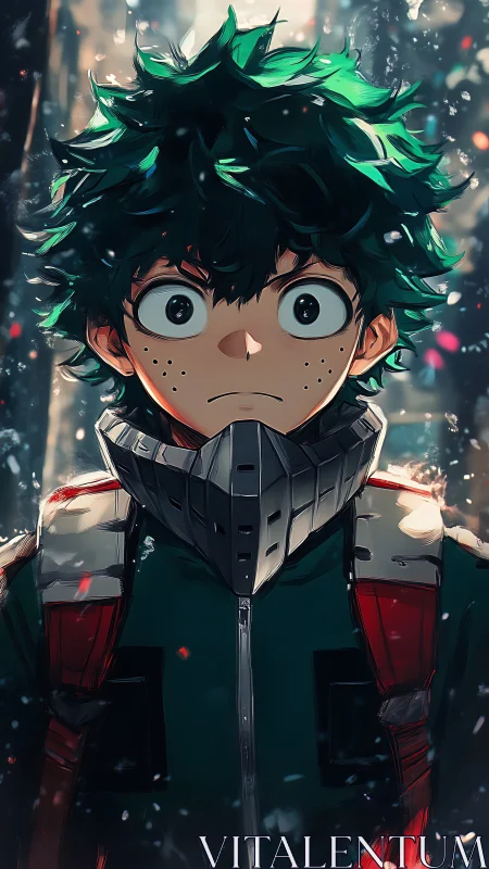 Wide-eyed green-haired hero in dramatic winter cityscape.