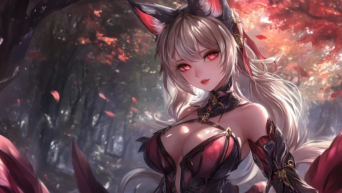 Fox-eared anime warrior in red armor in autumn forest