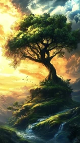 Fantasy landscape with luminous world tree on cliff at dawn.