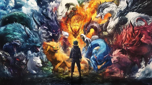 Storm of elemental beasts gathers around a determined hero