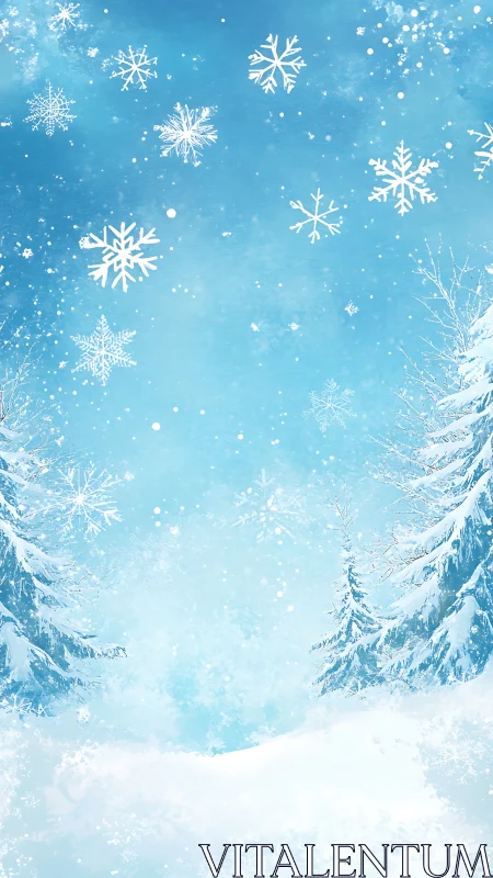 Snow-covered conifer trees stand beneath stylized falling snowflakes