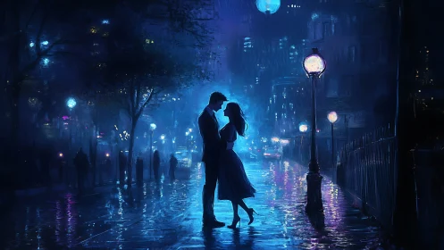 Neon Romance: Couple Embracing on Rainy Urban Street.