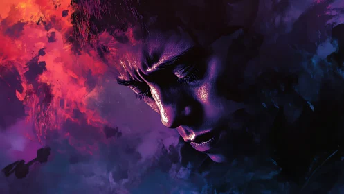 Nebula-lit sorrow wrapping a silent face in cosmic dusk.