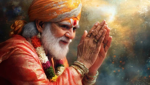 Devotional elder in orange robes with folded hands in prayer.