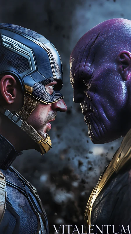 Cinematic close-quarters duel between armored hero and titan