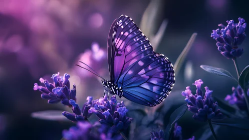 Vibrant purple butterfly resting on lavender blooms at dusk.