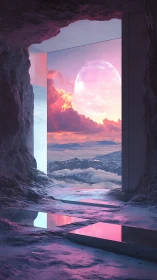 Cave portal frames luminous planet over stratified cloudscape