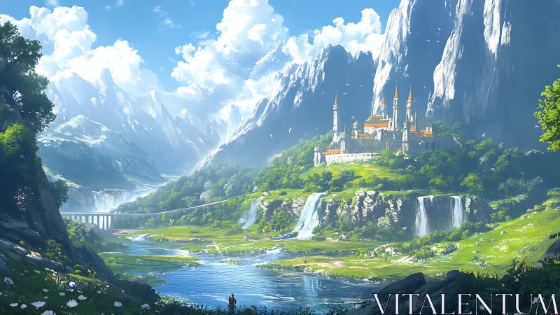 Sunlit mountain kingdom above cascading emerald waterfalls.