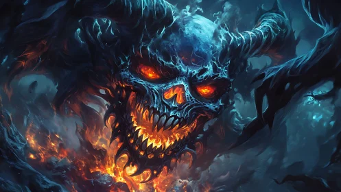 Fiery horned skull emerges within turbulent blue smoke