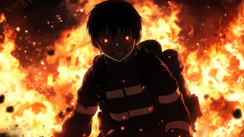 Anime Character with Glowing Eyes in Fiery Background