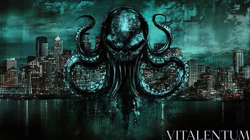 Glowing cyber kraken looms over neon city skyline at night.