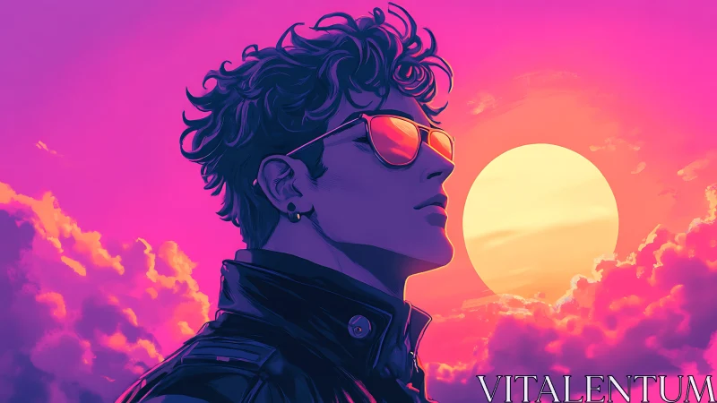 Side-profile figure with sunglasses before stylized sun.