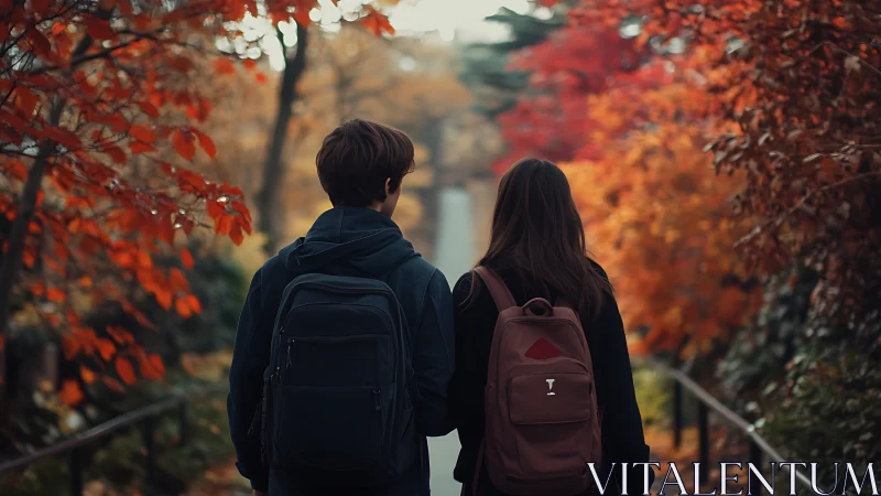 Two figures with backpacks walk path through autumn foliage in nature.