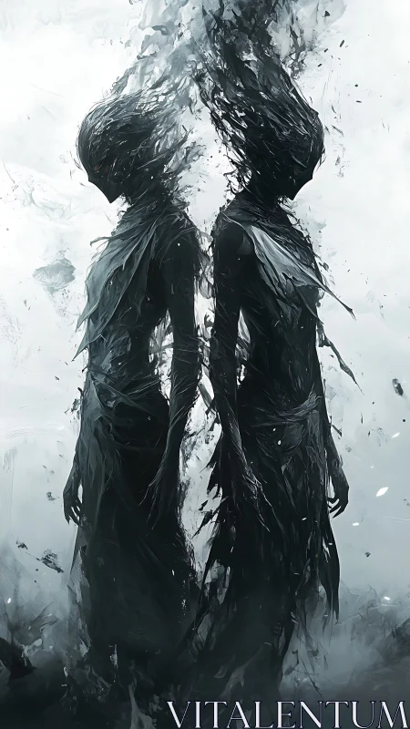 Dual humanoid wraiths dissolve into ascending particulate shrapnel