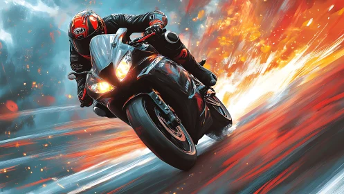 Motorcyclist rides sport bike through stylized motion field