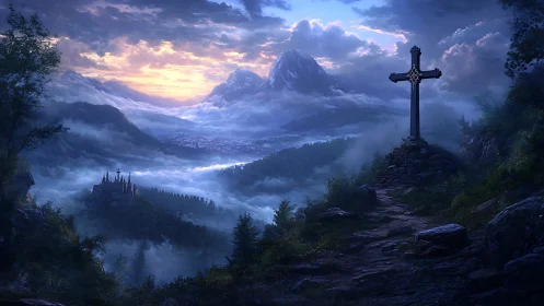 Cross overlooks mist-filled valley with distant mountains at dawn
