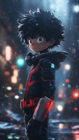 Young anime hero in futuristic suit on wet city street.