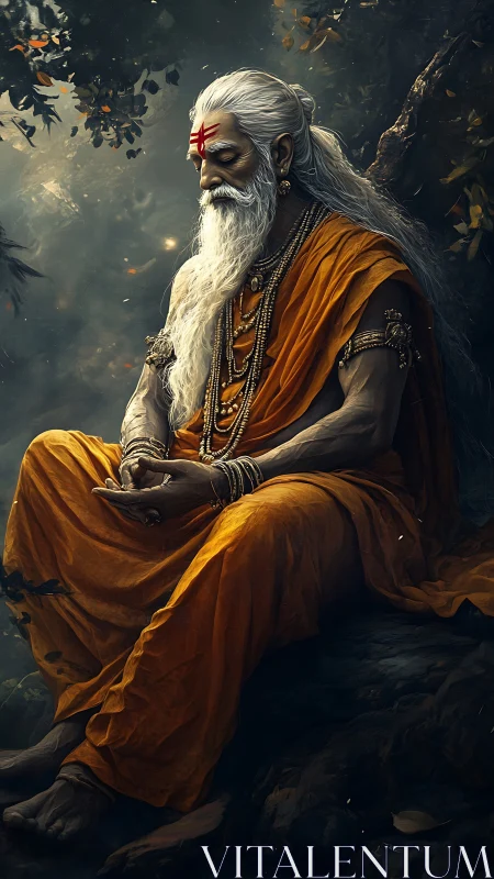 Meditative sage rests in a forest, illuminated by sacred light