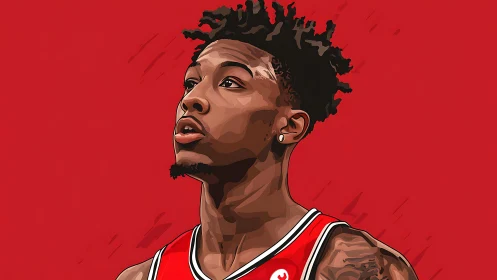 Basketball portrait illustration with bold red background.