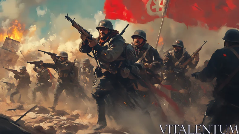Infantry assault scene under red military banner in battle.
