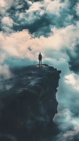 Solitary figure contemplates a stormy sky at cliff edge.