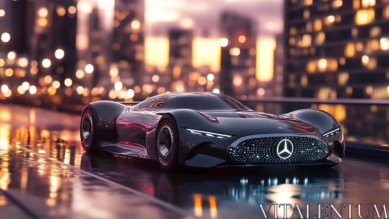 Sleek future city supercar gliding through rainy neon dusk.