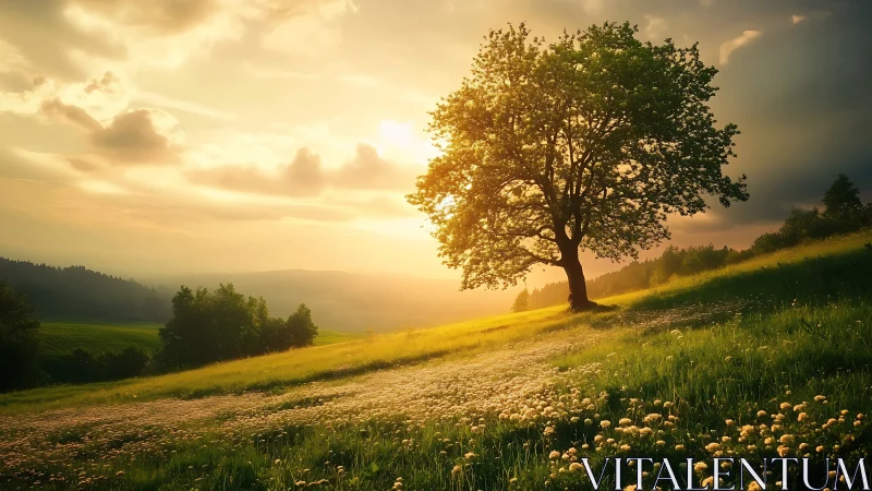 Sunlit hillside tree quietly choreographs the evening glow