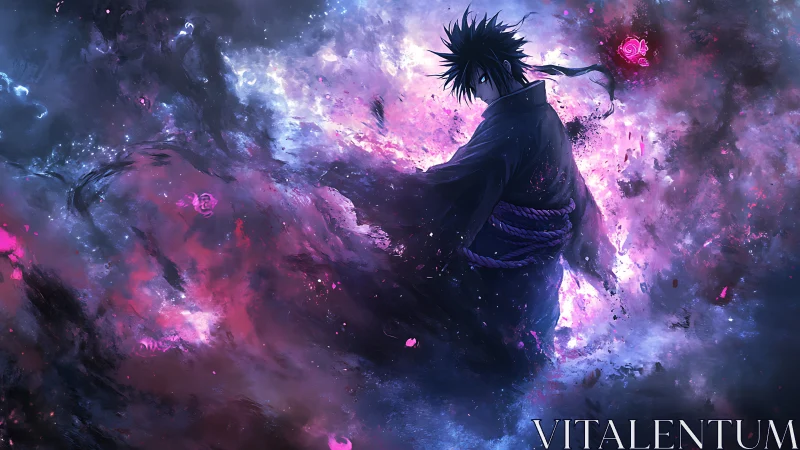 Dark anime sorcerer within swirling cosmic violet storm.