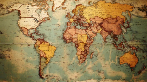 Vintage political world map with textured cartographic patina.