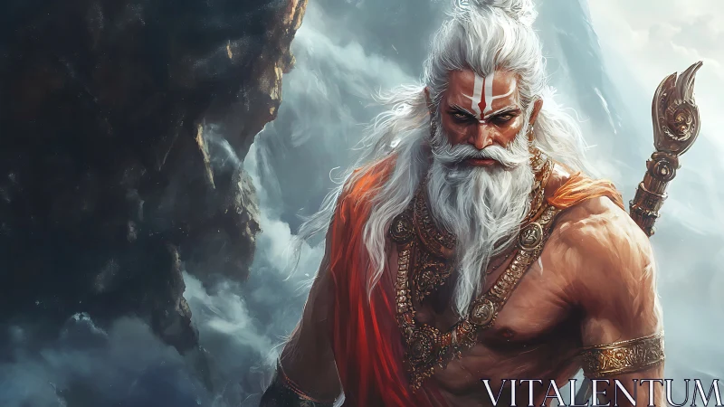 Mythic warrior elder with staff in stormy mountain setting.