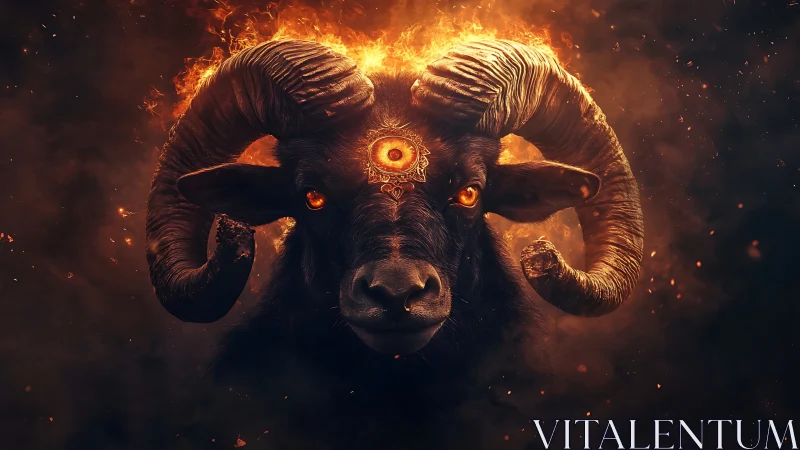 Fiery three-eyed ram head in smoky inferno portrait.