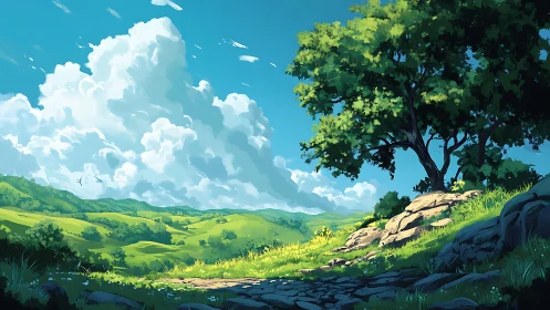 Hilly landscape under cumulus clouds with solitary tree.