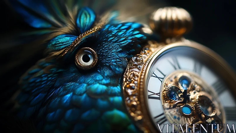 Ornate pocket watch fused with iridescent blue plumage detail.