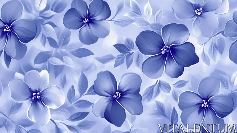Blue Flowers with Layered Petals and Leaves Pattern.
