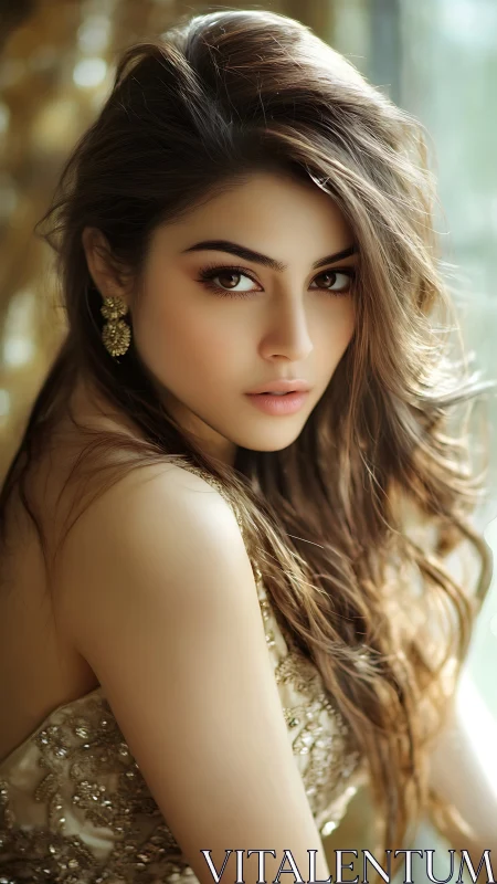 Photorealistic portrait of elegant woman in golden dress.