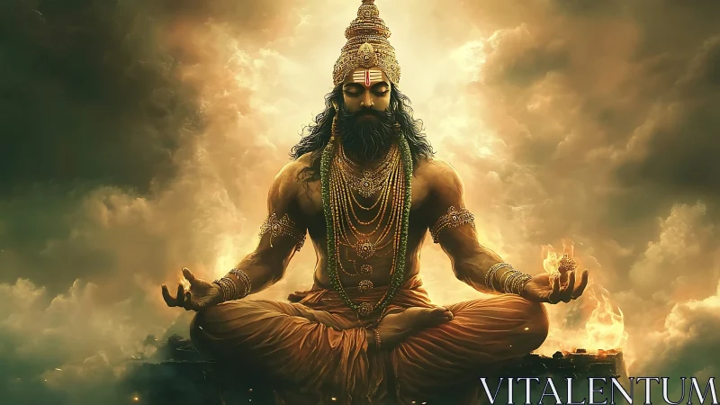 Divine warrior yogi levitates in dramatic golden atmosphere
