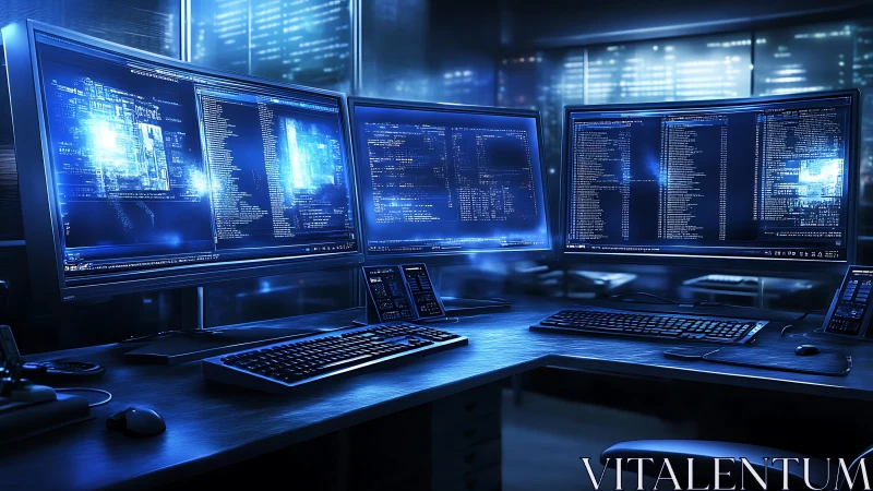 Triple monitor workstation displays dense blue coding interfaces