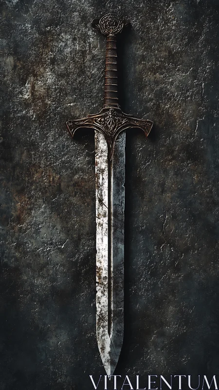 Ancient battle-worn sword rests against dark stone wall.