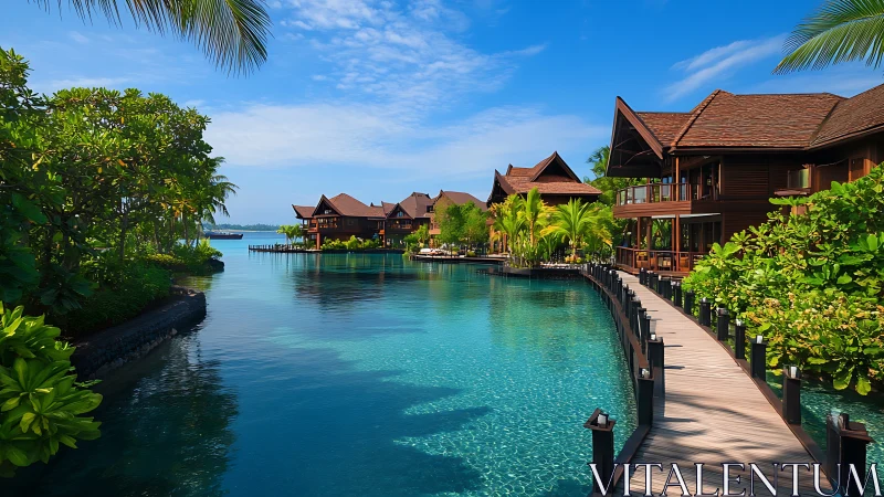 Overwater bungalows with tropical lagoon and wooden boardwalk.