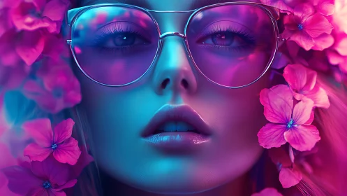Portrait shows woman in neon glasses surrounded by flowers