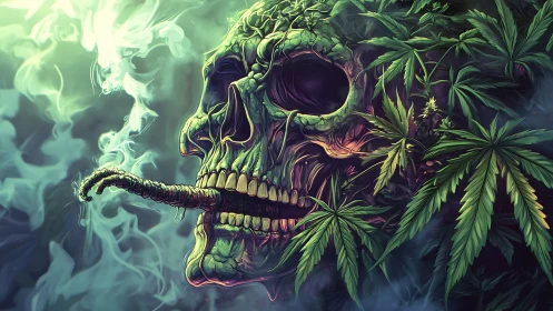 Lush green skull of leaves wrapped in swirling dreamy smoke.
