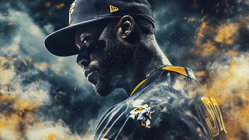Cinematic baseball portrait with dynamic particle haze field.